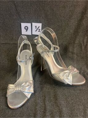 Gianni Bini Metallic Silver Bow Ankle-Strap Stiletto Heels